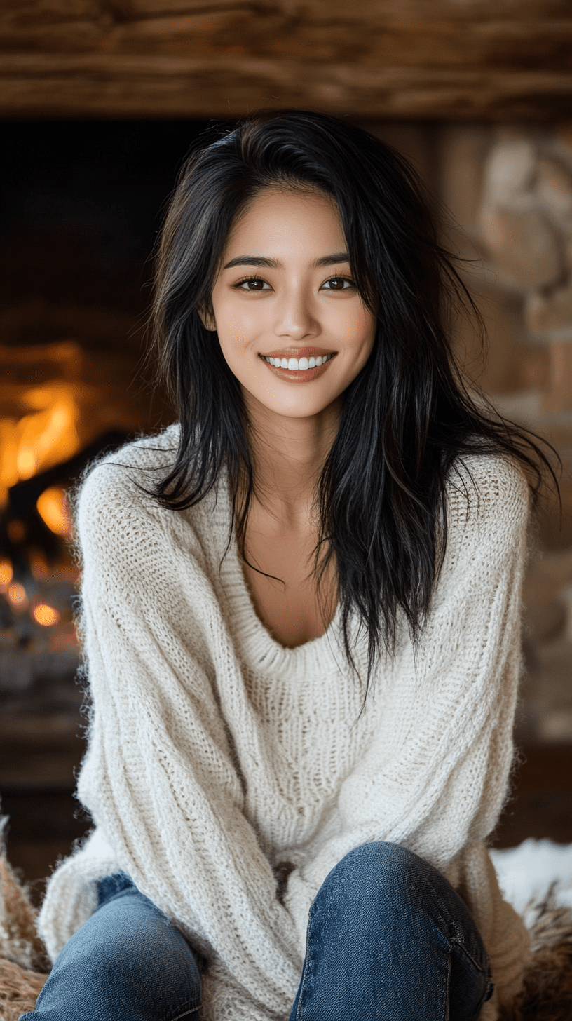 Hyper-realistic photo of an asian woman in the warm and cozy atmosphere of winter, delicate features smiling at the camera, , sitting by a fireplace, wearing a white sweater, jeans, wooden cabin background, warm color tone, medium shot, soft light, natural facial expressions, relaxed posture --ar 9:16 --personalize 2gwf1qc --stylize 750 --v 6. 1