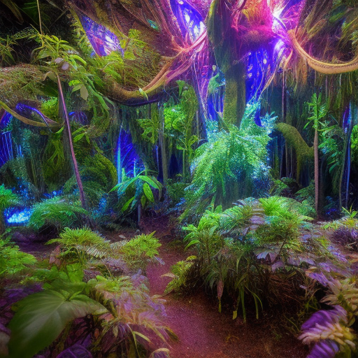 The bioluminescent plants that illuminate the jungle create a magical and ethereal atmosphere, these plants emit a soft, glowing light, often in shades of blue and green, which gives the jungle an otherworldly, almost mystical appearance,