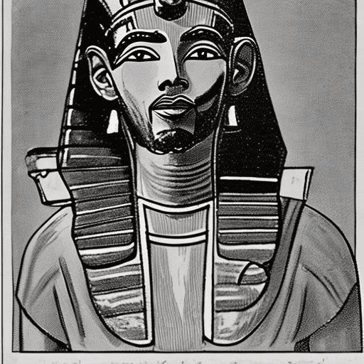 A cartoon of the pharaoh struggling to put on a false beard, with exaggerated expressions of frustration and humor.