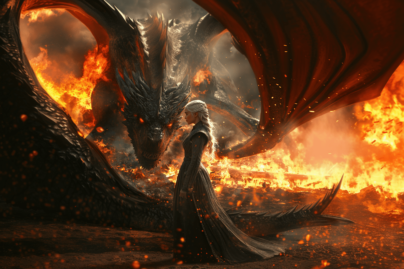 Create a highly detailed, cinematic-quality image of emilia clarke as daenerys targaryen from game of thrones. She is standing full-body, gently calming and stroking a massive dragon that appears fierce and powerful. The scene is set in a chaotic environment with intense flames and fire all around, reflecting a battle or destructive event. The dragon’s scales should glisten in the firelight, with smoke swirling around them. Daenerys looks calm and determined, her silver hair flowing in the wind, her eyes focused on the dragon, showing a deep connection and control. The overall atmosphere should be dramatic and intense, capturing the raw power and chaos of the scene while emphasizing daenerys’ unique bond with the dragon. --ar 3:2 --v 6. 1