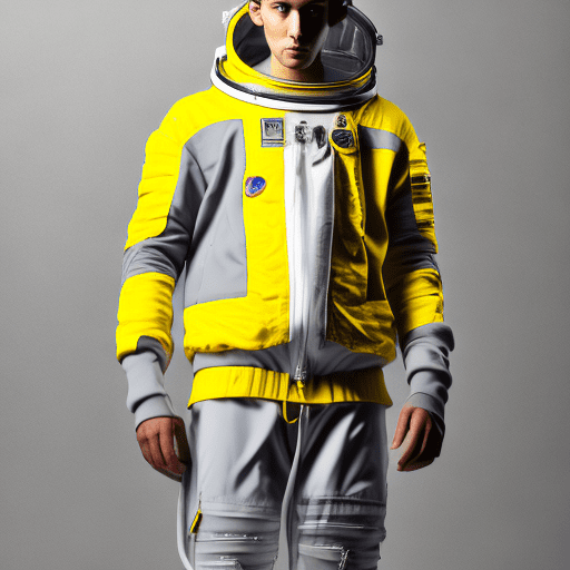 Capturing a model in, silver and white color, man wearing an a astronaut outfit, matte grey, washing cargo pants, nike sb yellow color shoes, high tonal range, canon eos-1d, f/5. 6, grey background, realism lights