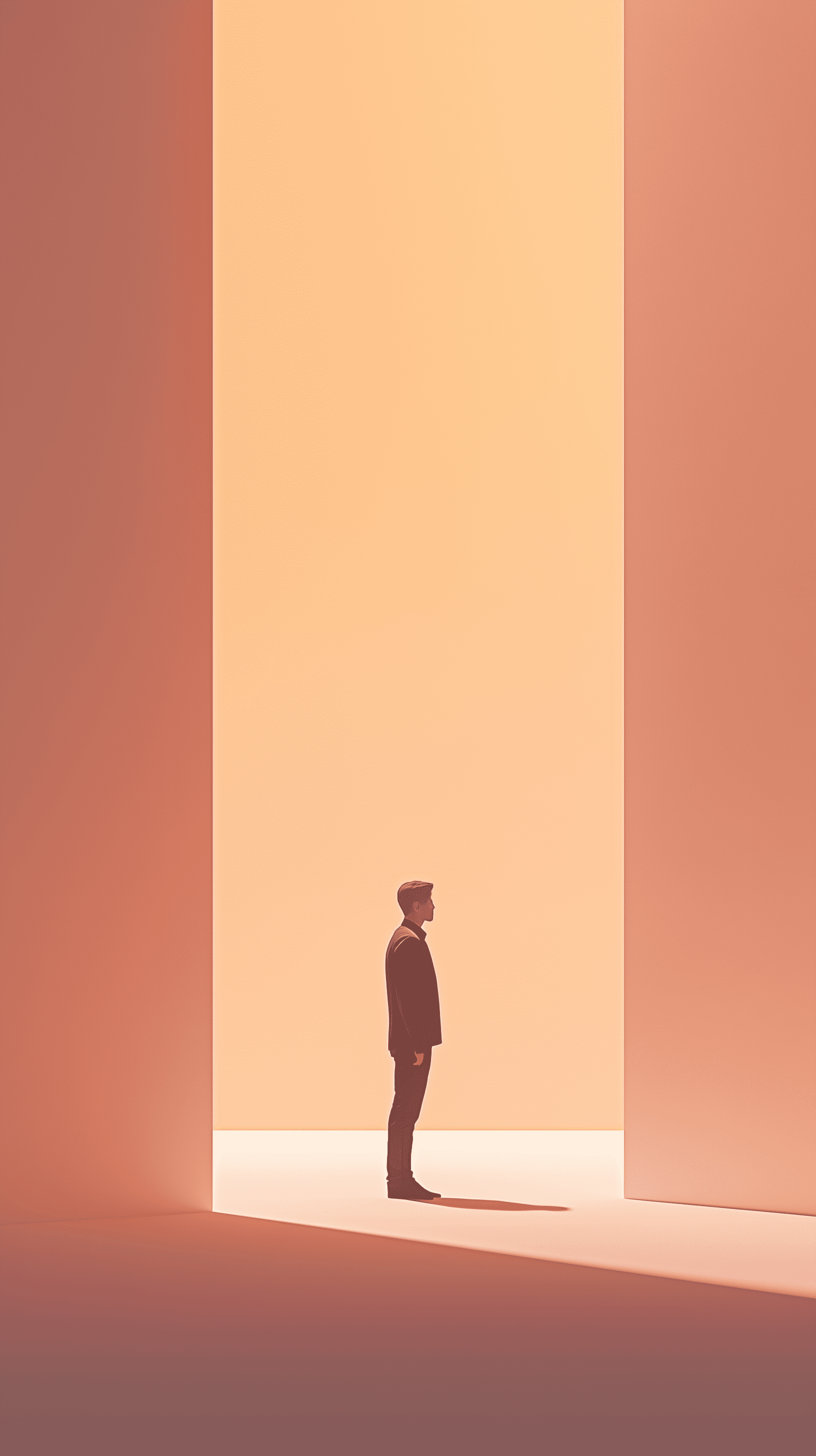 Contemporary, minimalist, wide, one subject, centered, digital illustration, wide angle, head-on, low contrast, solitary man in silhouette, mid-thirties, dressed in a simple, modern outfit, his posture relaxed and introspective large, softly lit space with gradients of peach and soft white, environment is sparse and open, emphasizing solitude and contemplation, soft gradient from warm tones, creating a tranquil and ethereal atmosphere focus on the subtle interplay of light and shadow on the subject and surroundings, focus on texture and ambient light --ar 9:16 --style raw --v 6. 1