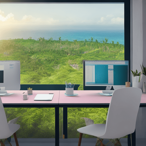 Photo of a ultra realistic co-working space , a digital nomad is seated on a dedicated desk and is working, a window with view of bali, minimal , 4k , light colours