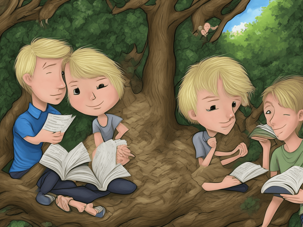 Nft art high quality cartoon style, tall thin american white girl blonde hair hazel eyes, with young white boy brown hair brown eyes, both looking down reading a dusty book found in a tree house in an enchanted forest