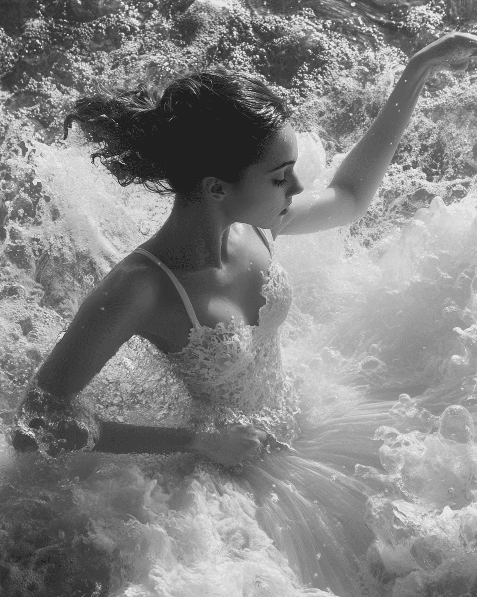 A ballerina in white tulle is dancing, her hands holding the wall of water and painting with it, she creates large shapes on canvas, her face looks soft, illuminated by soft light. The background is monochrome black and white photo with high detail and resolution, captured in the style of canon eos camera, in a raw style. --ar 4:5 --v 6. 1 --s 350