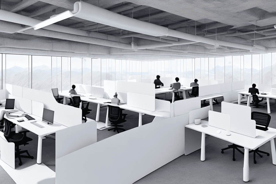 Photo of a ultra realistic co-working space , some digital nomads are seated on different dedicated and hot desks and is working, minimal , 4k , high resolution photo , white colours
