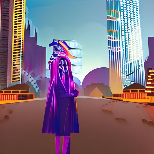 A woman celebrates halloween in a retrofuturistic style while regarding the city with skyscrappers