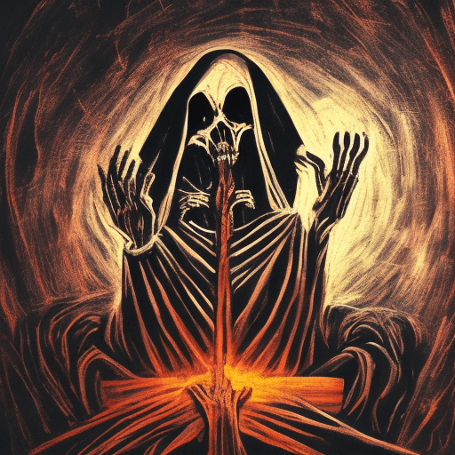 The reaper, praying with the hands together, close up, sitting on a throne, at night black, color black background