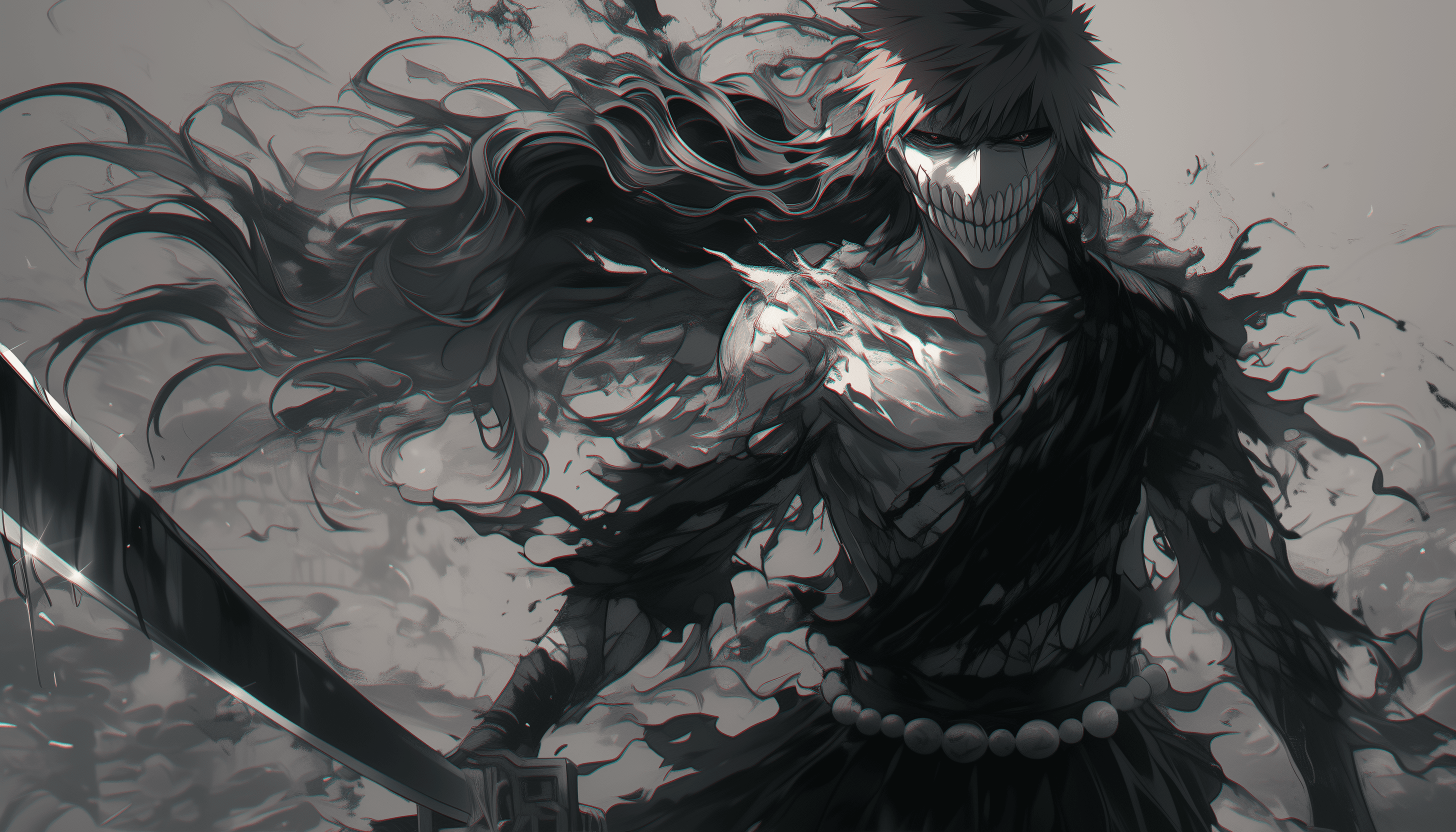 A majestic kurosaki ichigo from bleach anime. In final bankai form. Full body. He wears a white broken hallow mask with a black symbol on his face and smile, with long black hair sticking out from underneath. The eyes are completely black without pupils. In his hand is his bankai katana, which looks like some kind of technological device. Inside the creature, you can feel an unfathomable power, reflected in its aura and distorting the air around it. Around the neck are worn a lot of beads made of various small objects, ranging from bells and dice, to billiards balls, small iron figurines, medallions and other completely random things. He is dressed in a gray, dirty, torn robe, fluttering in the wind. Around him is a gray lifeless wasteland. He goes forward. He has very thin arms and legs. In the background is hueco mundo, dramatic, epic --ar 7:4 --s 1000 --niji 6