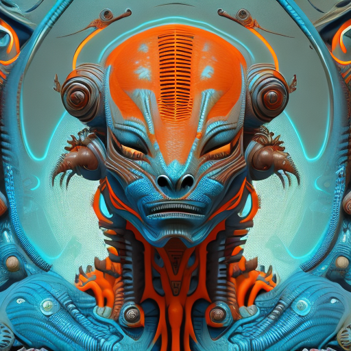 Alien cyborg art and illustration by theo el, in the style of balanced symmetry, light orange and cyan, detailed facial features, manticore, organic forms, muted tones, meticulous portraiture, complex patterns --ar 1:2 --stylize 750 --v 6