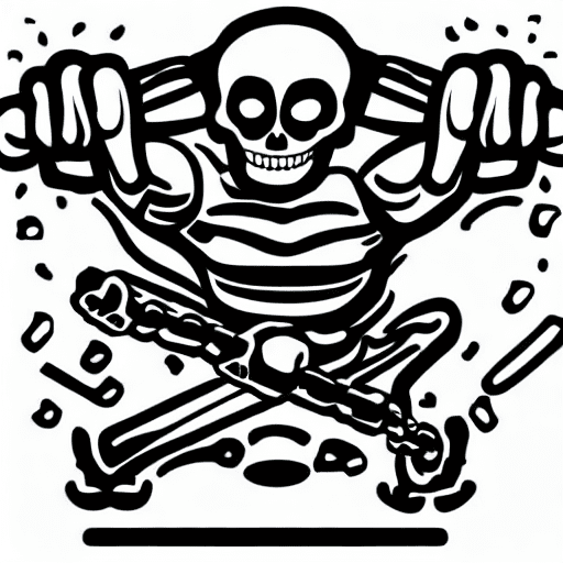 Skeleton lifting heavy barbell over his head with an evil smile in a simple line art coloring book style, with no background, in a high resolution vector style, on a white background for removing, with clean lines and bold outlines, with a black contour outline and no shading, in a flat design, 2d vector illustration style.