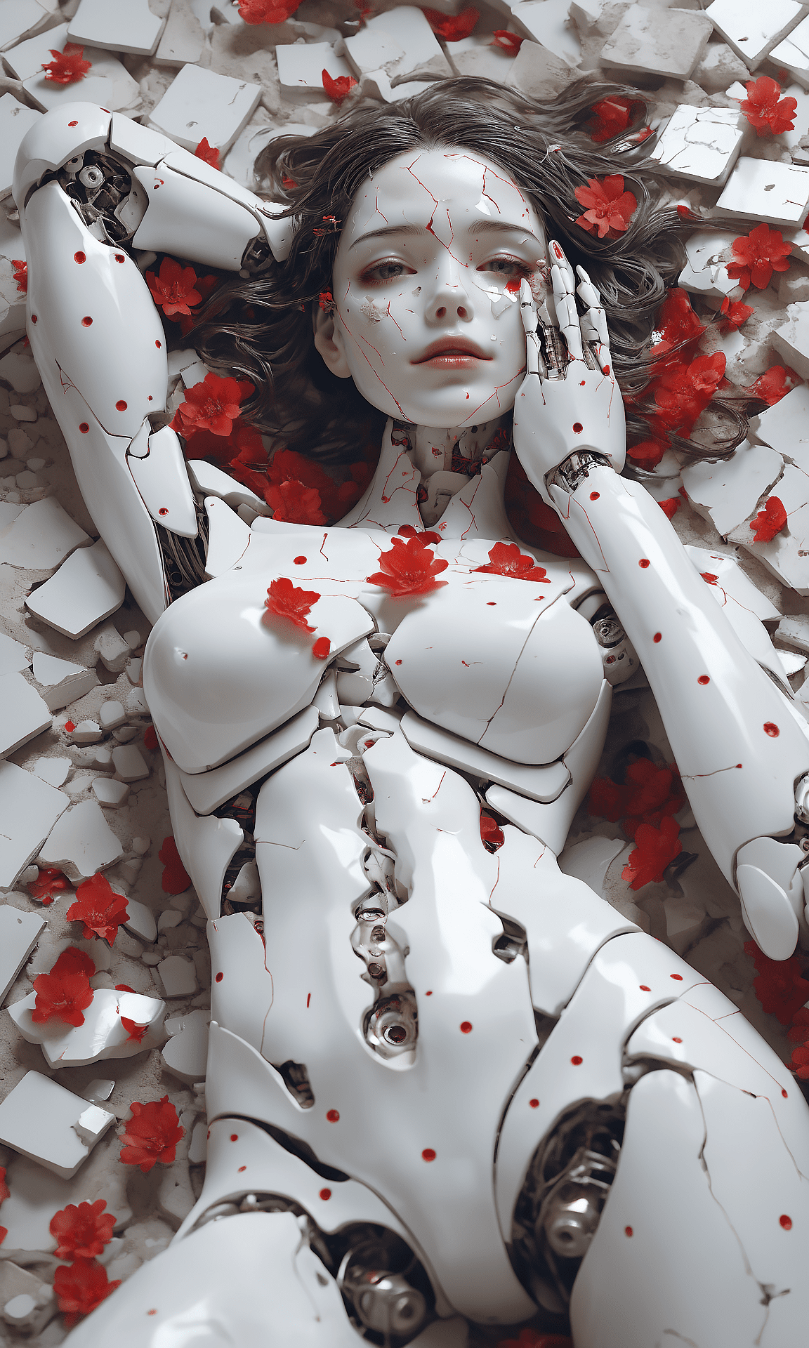 Death of a beautiful humanoid female, close up of a broken android, digital art, cracked porcelain face, futuristic look, captivating, close-up, skull, fragile, emotional, shatter into fragments, shattered glass, shattered pieces of a woman body, made of porcelain, broken, destroyed, abstract patterns, tile art, roses, portrait photography, cinematic, white and light gray, shallow depth of field