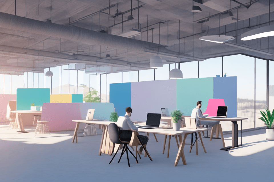 Photo of a ultra realistic co-working space , a digital nomad is seated on a dedicated desk and is working, minimal , 4k , light colours