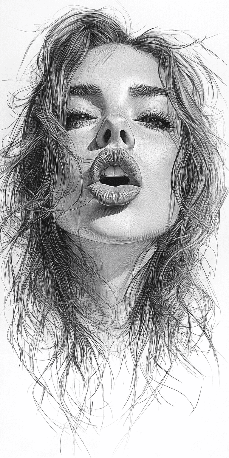 Tattoo design, woman with tongue sticking out and lips slightly open, long hair blowing in the wind, tattoo on white paper, drawing by an artist from behance, photo-realistic, sketch art, black ink outlines, tattoo flash sheet, full body shot, tattoo template --ar 1:2 --stylize 750 --v 6. 1