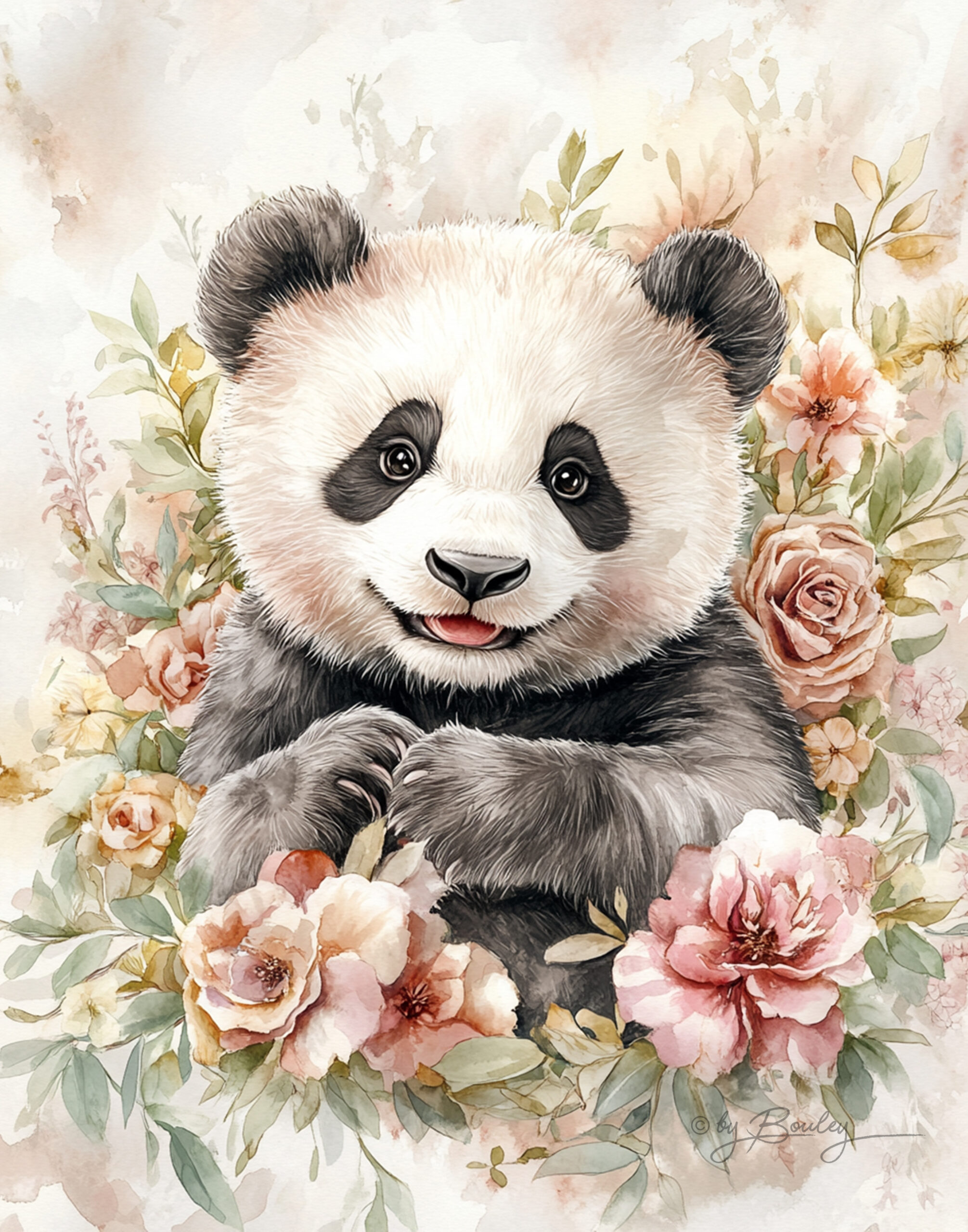 Beautiful watercolor and pastel-colored illustration featuring fashion grey and gold panda with happy pose, flowers, and a back background with soft colors --ar 4:5 --personalize j1ooqzn --v 6. 1
