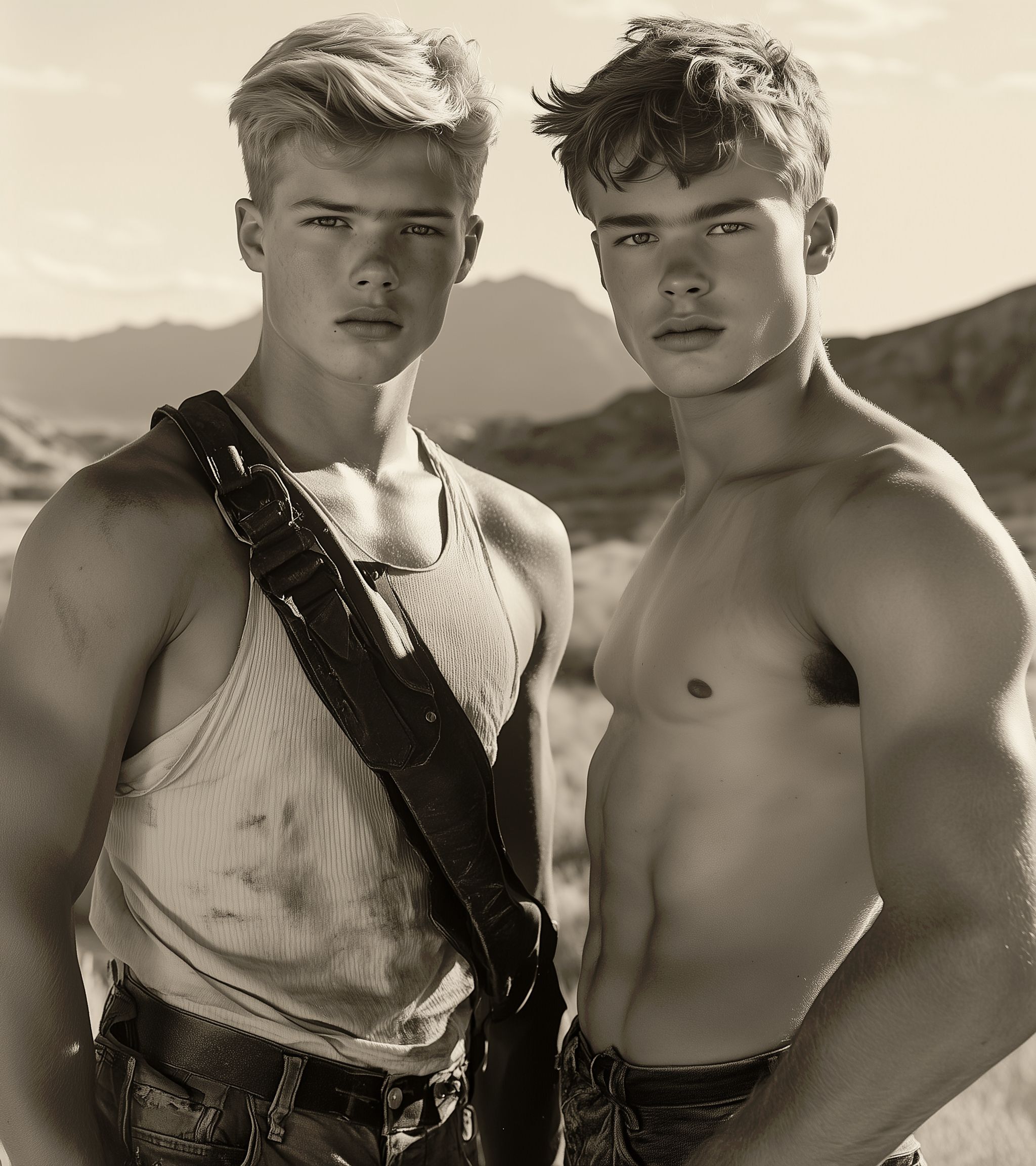 Photograph of two young men, one with short blonde hair and the other with brown hair, standing in front of mountains and wearing old west-style and tank tops, abs, fit, the image is in a vintage black-and-white photography style, in the style of richard avedon. --v 6. 1 --ar 113:128