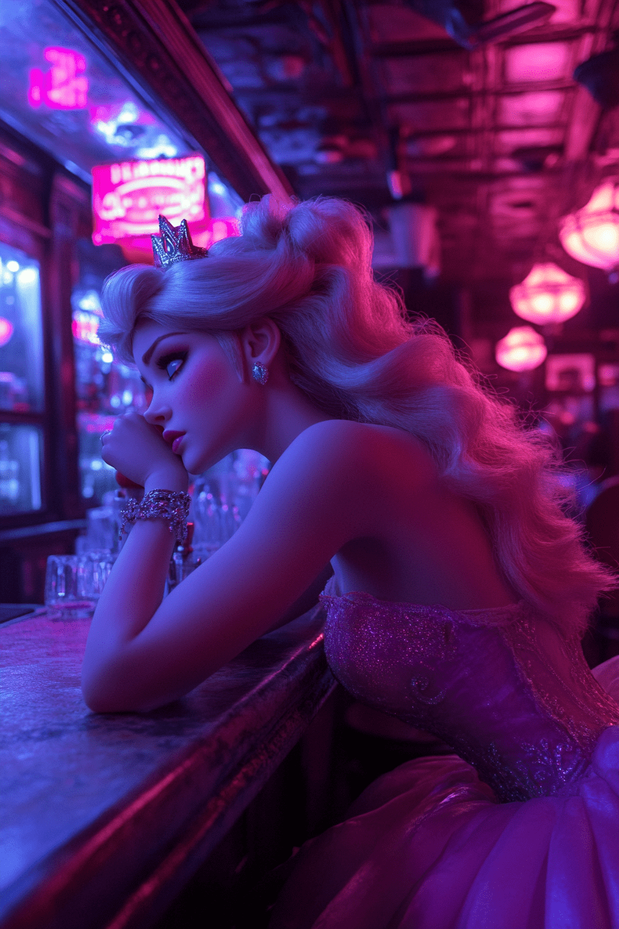 An image of princess peach alone sitting at a bar with a beer. The bar is decorated like the barbie movie. Real life photography --ar 2:3 --personalize usgl832 --v 6. 1