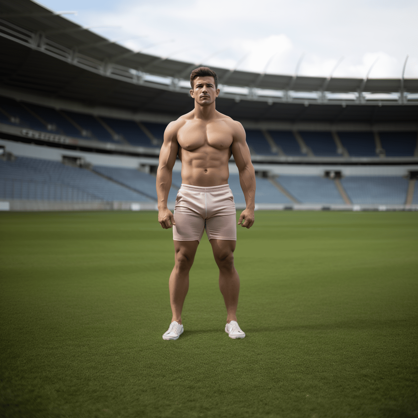 Man on the field, a photo of an athletic, handsome, fit, abs , show legs and feet, wearing sleeveless jersey shirt standing with hands at side ready in stadium, showing off muscles, in the style of tom of finland, full body shot, show legs --c 25 --v 5. 2 --ar 1:1