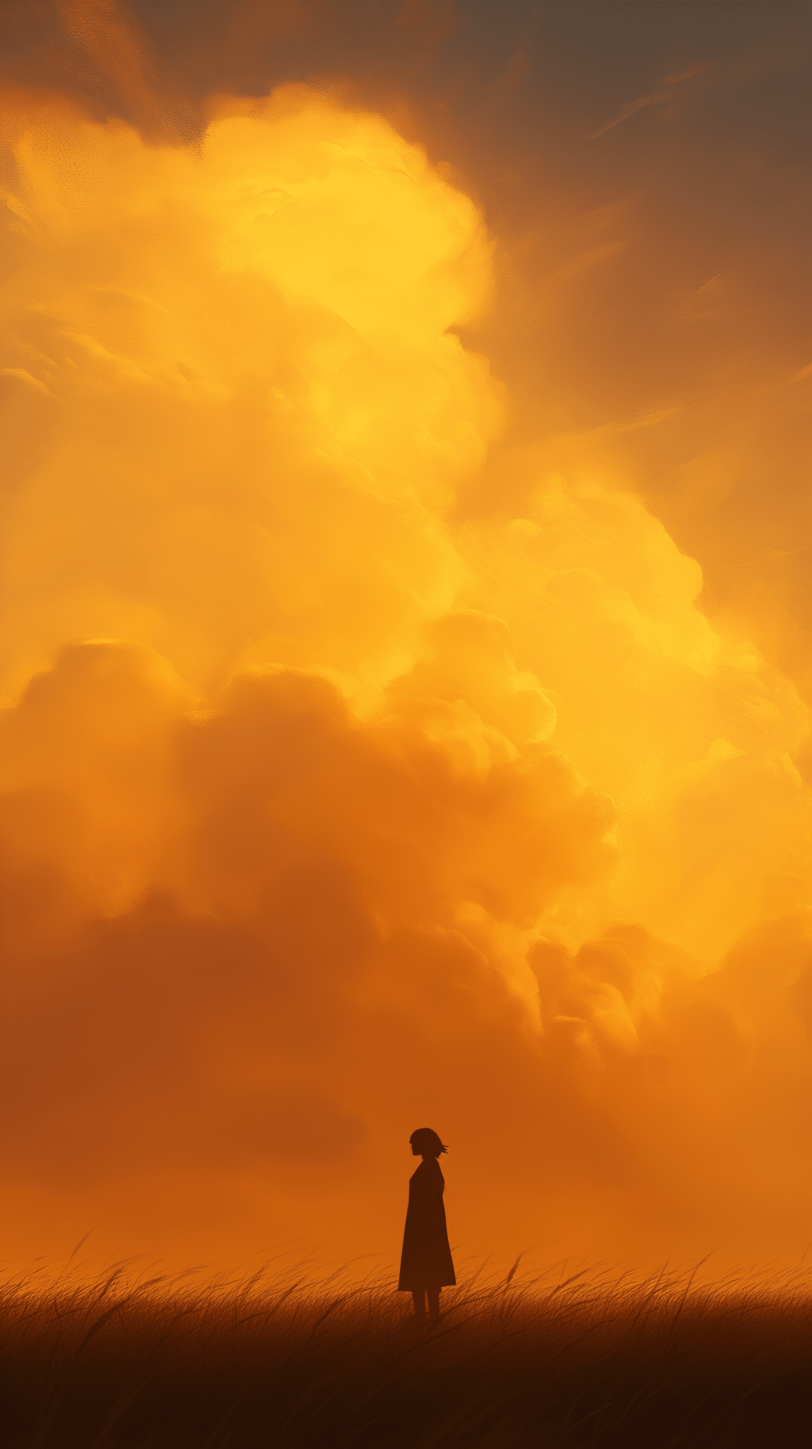 Image of a young woman standing against a massive, billowing cloud at sunset, sky aglow with warm golden and orange hues, silhouette sharply defined against the bright backdrop, focus on the surreal size and texture of the cloud, enhancing the dreamlike quality of the scene, the foreground should include of tall grass around her, capturing a serene yet powerful moment of nature and solitude, golden ratio, high resolution, detailing --ar 9:16 --niji 6