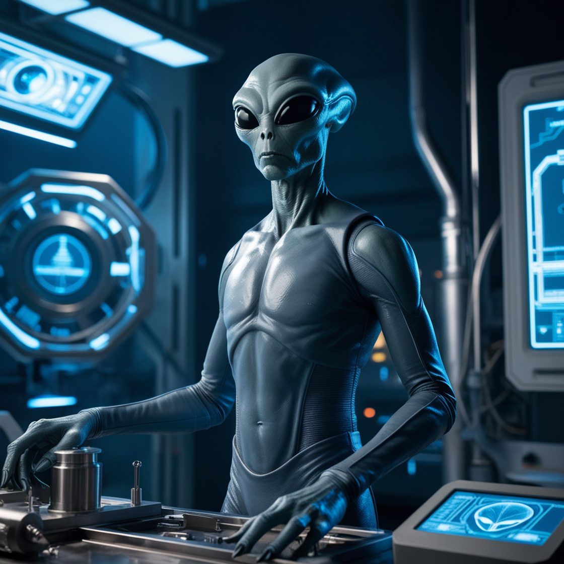 Erzeuge ein bild eines klassischen grauen aliens mit einer großen, glatten glatze, großen mandelförmigen schwarzen augen und schmalem mund und nase. Das alien befindet sich in einem futuristischen labor und bedient hochentwickelte technologie. Es trägt einen futuristischen anzug, der seine schlanke gestalt betont. Die szene ist beleuchtet von kaltem, blauem licht, das von den bildschirmen und geräten im labor ausgeht. Der hintergrund zeigt komplexe technische geräte und holografische anzeigen.