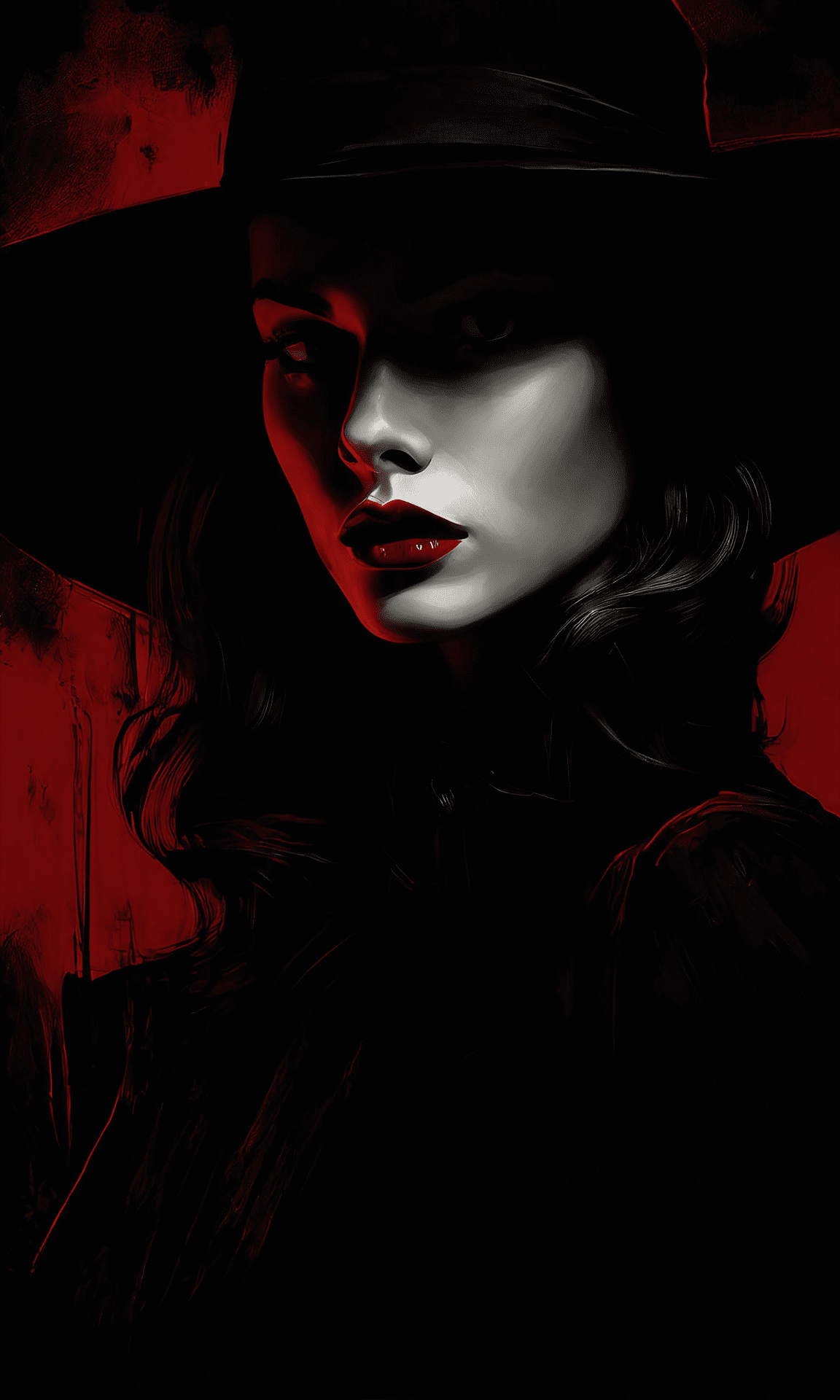 Low key portrait, dramatic lights, painterly, a mysterious detective woman, eyes partly concealed by her hat, soft lights, sharp focus, captivating gaze, evocative and enigmatic, stark dark background, a sense of mystery, film noir, striking red lips, red color pop, black and white