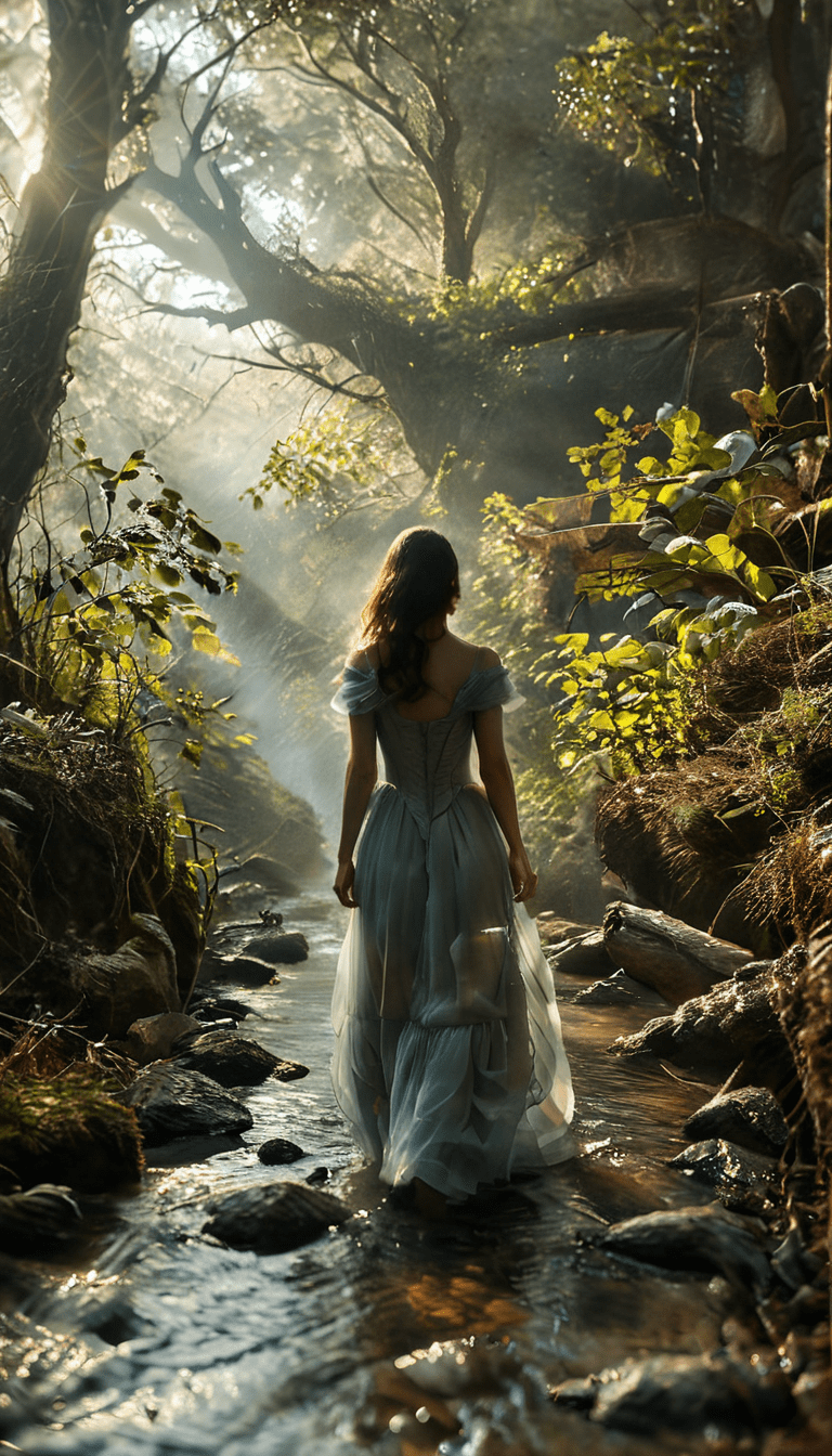 Enchanted forest, dark, moody, mystical, woman, walking through a stream, long dress, midjourneyv6. 1