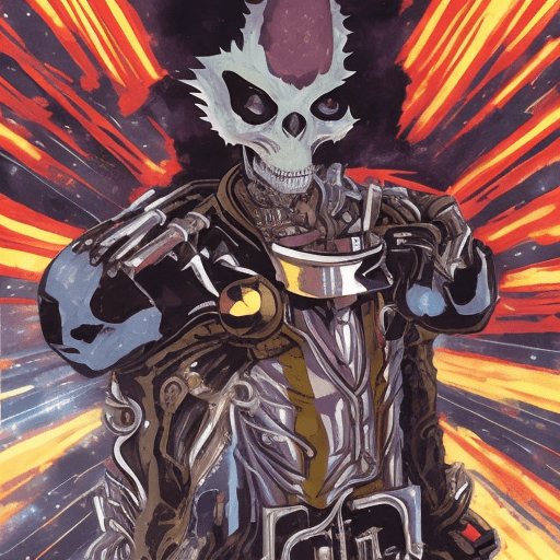Ghost rider as an anime space cowboy like from cowboy bebop or trigun:: space western theme:: western sci-fi --niji