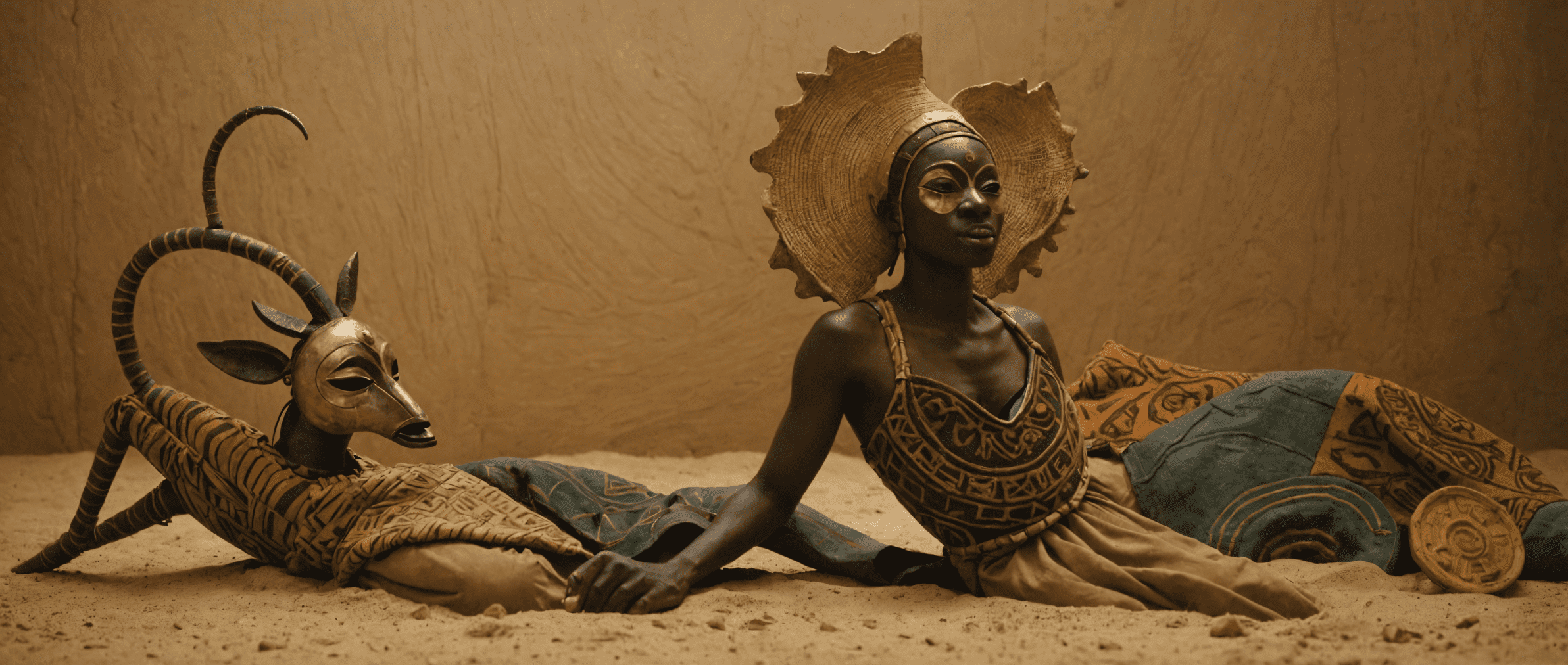 0 ((((style of yinka shonibare) ))), luminous horizontal line in the center of the image, (lying on the line only the outlines of a sinuous gazelle-like nymph) , (the interior of the body is empty, composed only of glows) , pink pupils, withe air with ribbons, light yellow pin-up dress, mythical creature, the creature is of absolute beauty beauty beauty beauty, provoking, innocent, abstract, inviting pose, the background of the scene is filled with traditional african items, ((african apotropaic masks on the wall) ), patterned background, scenic background, wooden| sand texture, small window, savannah scenery from the window, the background of the scene is filled with traditional african items, ((african apotropaic masks on the wall) ), patterned background, scenic background, wooden| sand texture, small window, savannah scenery from the window, crash zoom shot, concept art, laika 100mm lens shot, spotlight, award winning photography, masterpiece, digital art, single subject, adm, gibbs sampling, ambient occlusion, complementary colors, (((acrylic pour) ))