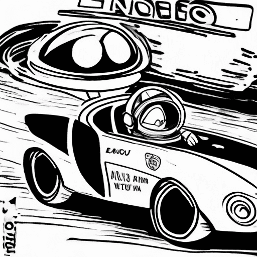 Astronaut driving a car, cartoon, monochrome, medium shot