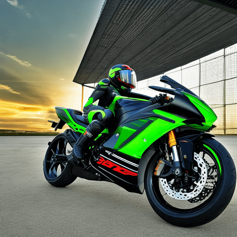 Female figure in a black and green motorcycle suit (tight jumpsuit) , in a flight hangar, against the side of a kawasaki zx1400r, sunset, third-person view from below, lots of fine detail, sci-fi movie style, photography, natural textures, natural light, natural blur, photorealism, cinematic rendering, ray tracing, highest quality, highest detail, cinematic, blur effect, long exposure, 8k, ultra-hd, natural lighting, moody lighting, cinematic lighting --q 2 --ar 9:16