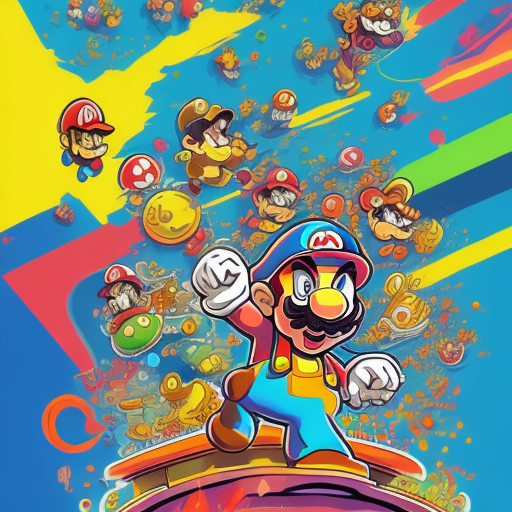 Super mario epic, swirls, bursting, vivid, 4k, professional quality, style of dan mumford and petros afshar. Vibrant, cute, cartoony, fantasy, playful, reminiscent of super mario series. Surrounding area busy with super mario stuff