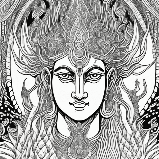 Create ** line art drawing of a beautiful ((matsya avatar of vishnu) ) coloring book page, intricately detailed, well composed and clean, (black and white) , no dithering, strong outline, no fill, no solids, elegant sweep inked lines, artgerm coloring book line art** of the highest quality. Visually stunning, dark fantasy, architecture