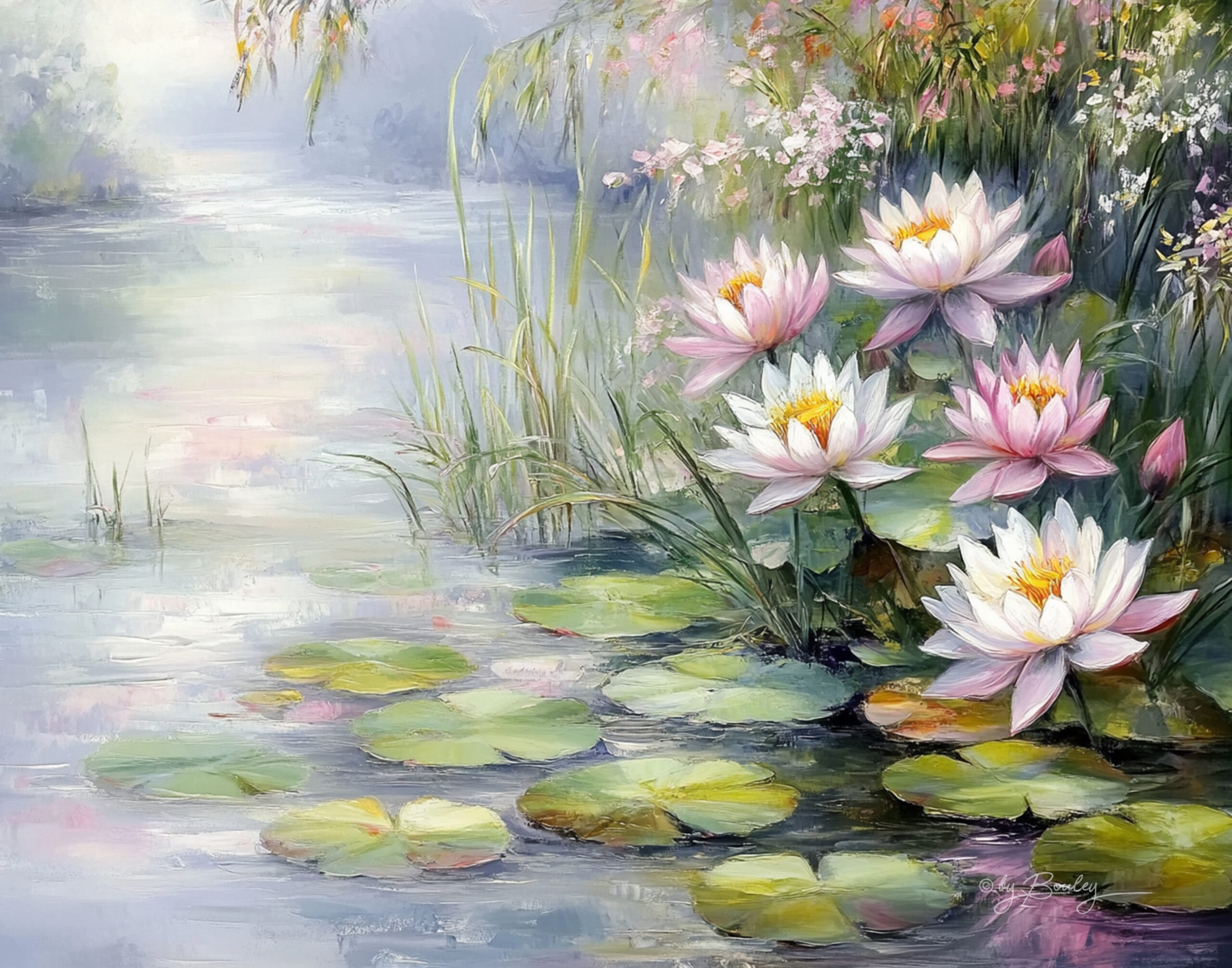 A serene lakeside scene with water lilies and other aquatic plants, their leaves and blossoms releasing a subtle, sweet scent, in the artistic style of claude monet, --ar 14:11 --p --v 6. 1