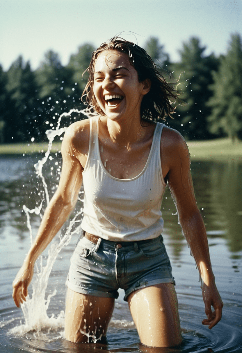 This is a candid, full body, analog film photograph of a woman playing splashing water in a lake, laughing, and having a good time. Her white tank top and shorts are soaking wet. Casting shadow style, iso 200 faded film, 35mm photo, grainy, vignette, vintage, kodachrome, lomography, stained, highly detailed, found footage