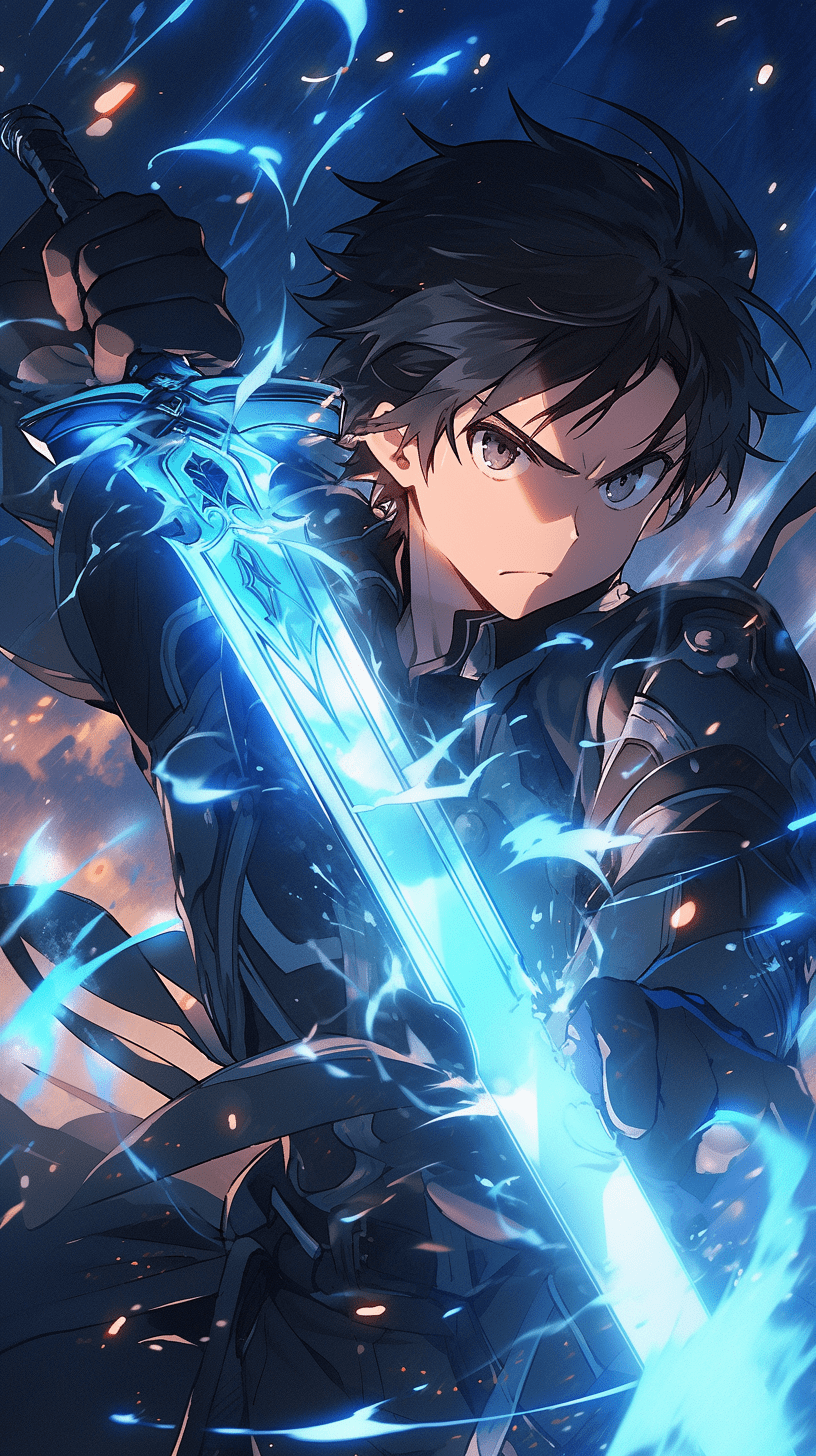 Anime sao. Leader of a party of brave men. A swordsman dressed in black. He attacks his enemies with a sword clad in blue light. --niji 5 --ar 9:16