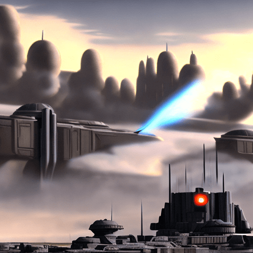 Hyper realistic eye level exterior photo of battle of mandalore siege from star wars. Some smoke in the air