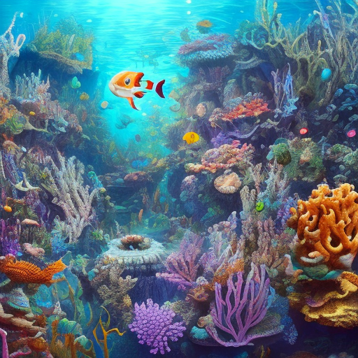 The underwater is filled with vibrant colors, ancient ruins, and fantastical creatures, massive sea creatures like the trench, carnivorous beings with glowing eyes and sharp teeth, coral reefs emit soft light, and schools of fish create mesmerizing pattern,