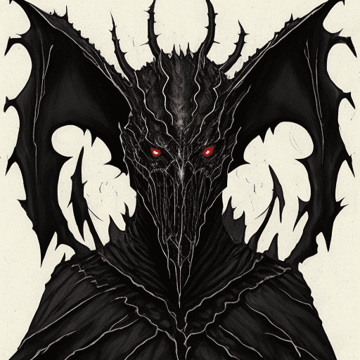 A hell creature, ghost-like and composed of darkness and cinder. It has no face, only a pointed, tattered cape with seven obsidian horns. The shoulders are made of charred human bones, with dry flesh and ripped skin. Instead of arms, it has bat-like wings made of flames. As it moves, it leaves a trail of scorched earth and cracks in the ground.