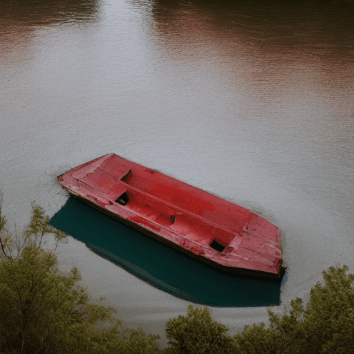An empty boat floating in the red river.