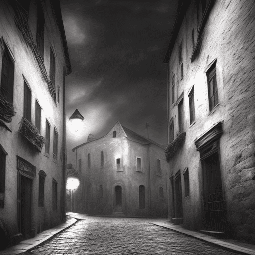 Create a background of an old, eerie town at night, with narrow cobblestone streets and crumbling buildings illuminated by dim, flickering streetlights. The sky is dark and filled with ominous clouds, with several bats flying across the moonlit sky. Shadows cast long, haunting shapes, and a sense of foreboding hangs in the air. The overall atmosphere should be spooky and mysterious, with a gothic, vintage feel.