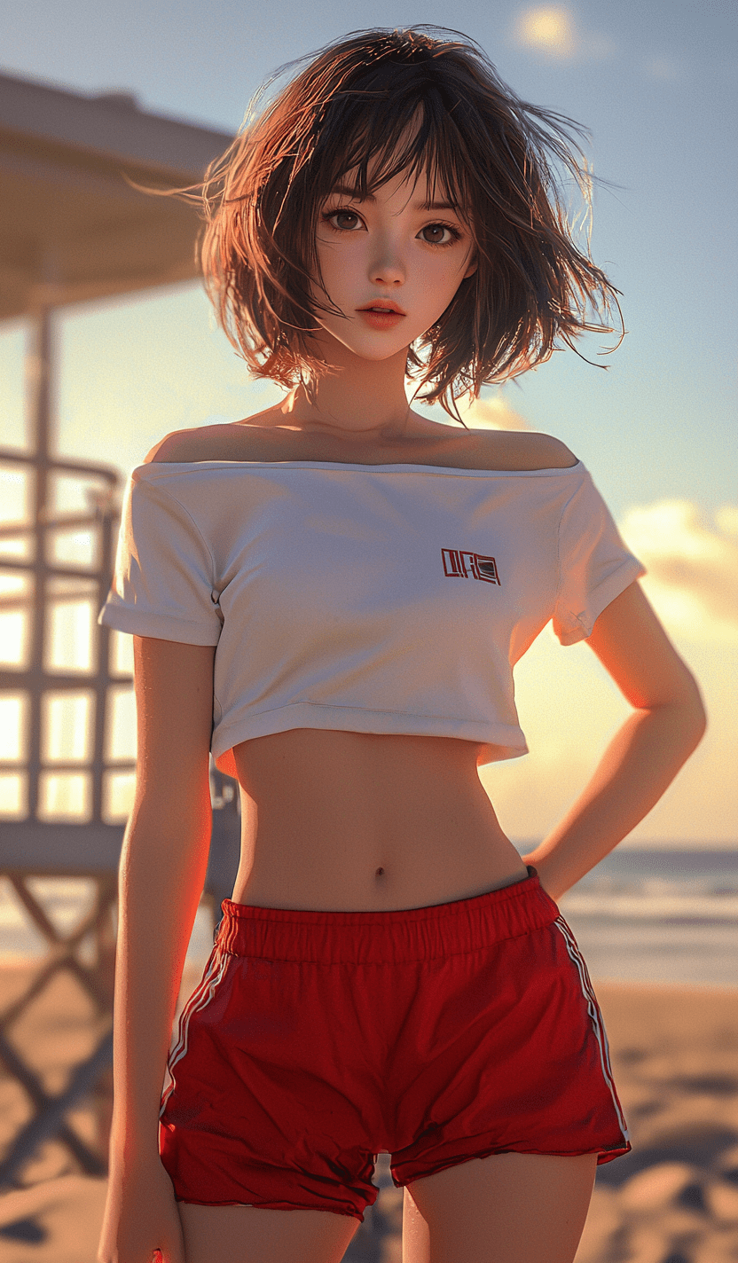 A full-body action shot of a girl in a dynamic pose, dressed as a lifeguard wearing a plain white shirt and red shorts. She is at the beach, near a lifeguard tower, with a cute loose bob hairstyle and a toned body. Her symmetrical eyes and beautifully detailed face are highlighted by dramatic lighting. The scene is photorealistic, with sharp focus and hd quality, showcasing highly complex and intricate photography. The image features hyperrealism, raytracing, and physics-based rendering, captured in 8k raw photo quality. The colors are vivid and enhanced through post-processing and color grading, with rim lighting adding depth. The overall effect is a vibrant, ultra-high-resolution, highly detailed masterpiece --ar 7:12 --quality 2 --style raw --v 6. 1