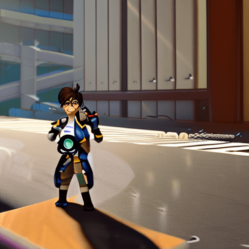 Create an action shot of tracer from the overwatch game, wearing a student uniform , smiling, standing