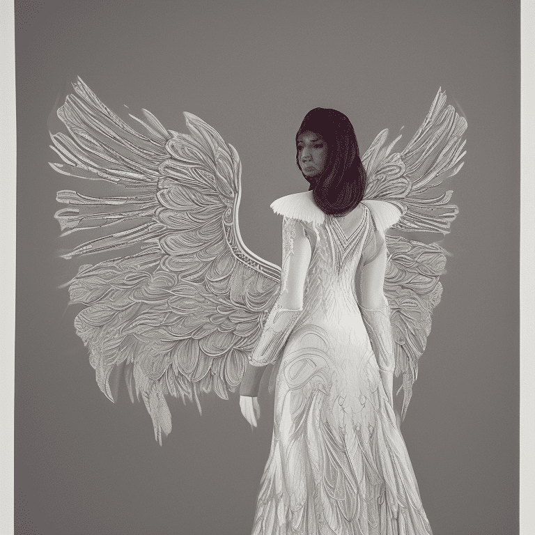 A beautiful angel, intricately designed gown that cascades down to the ground. The most striking feature is her pair of large, white wings that extend from her back, giving her an angelic appearance. The wings are detailed with feather-like patterns, and the gown has ornate patterns that seem to mimic the wings' design. The background is neutral, allowing the viewer to focus solely on the central figure.