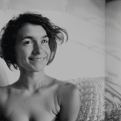 Whole body photo of a gorgeous lady wearing skimpy nighties on the bed, seductive smile, daytime, deep photography, ilford hp5 film, b&w, crushed blacks, depth of field, dark photo, film grain, shadows, natural light