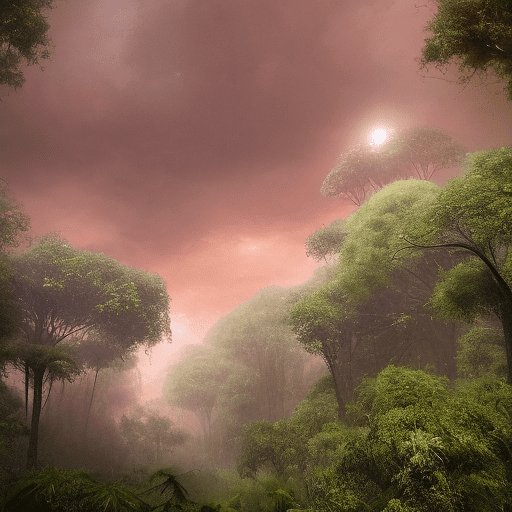 The sky with a faint reddish hue, casting an eerie glow over the jungle the trees and plants, covered in a thin layer of dust, appear slightly reddish, giving the entire scene a surreal, otherworldly feel, with dust occasionally sweeping through, creating swirling patterns in the sky, the contrast between the vibrant green of the jungle and the red tones, the road is narrow and winding, cutting through the dense jungle, it is flanked by thick vegetation on both sides, with overhanging branches and vines that create a tunnel-like effect, the surface of the road is uneven, composed of dirt and gravel, with numerous potholes and patches of mud, the jungle encroaches on the road, with roots and plants often spilling onto the path, the road is frequently shrouded in shadows due to the dense canopy above,