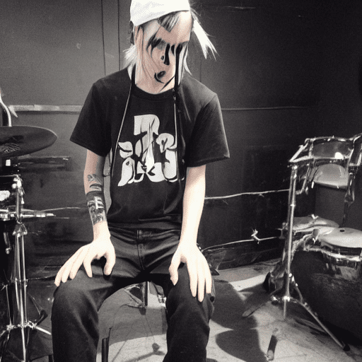 Male, drummer, long straight black hair, baggy jeans, grey eyes, in a band, playing drums, lean, skinny, masculine features, on stage, man , sharp jawline, earrings, in a club, sitting on drum stool, drumsticks in hand, cap backwards, greasy long black hair, punk, band shirt that says "nature freaks", purple show lights, thick long black hair, black baggy shirt, anime