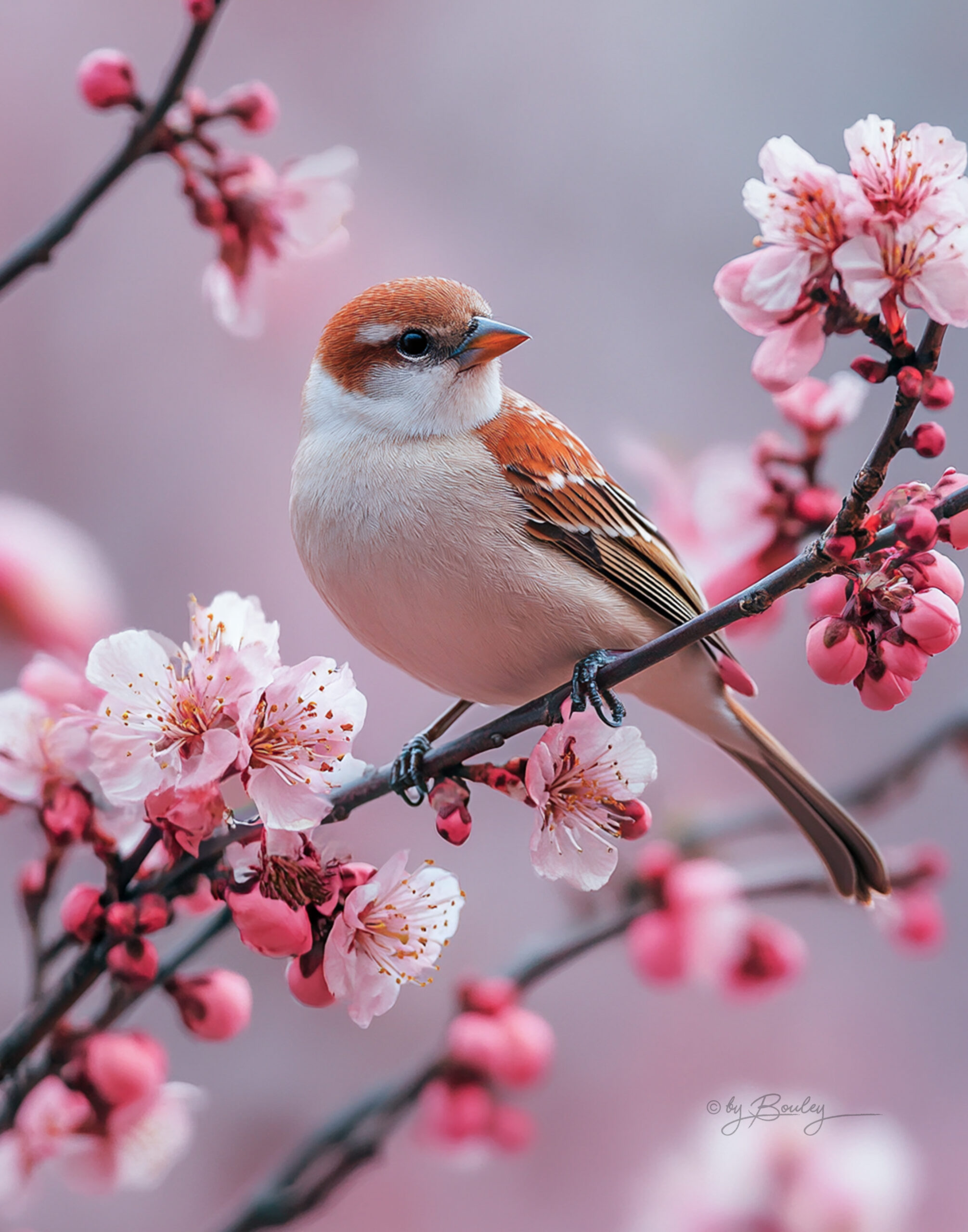 Award-winning high-definition photography: a bird stands on a branch of blooming plum blossoms, macro photography, soft light and shadow, 4k high definition. --ar 11:14 --style raw --stylize 250 --v 6. 1