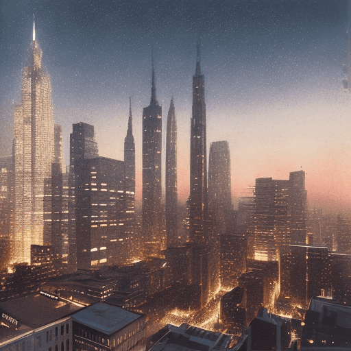 Hyper realistic eye level exterior photo of city in night, style indirect lighting, frank lloyd, eames, mies van der rohe