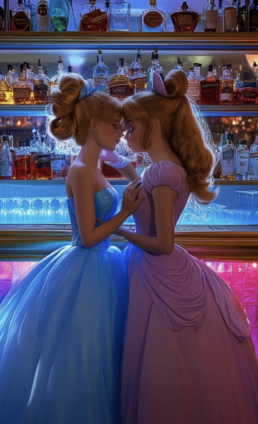 An image of princess peach leaning in to disney cinderella in a bar. The bar is decorated like the barbie movie. Real life photography --ar 5:6 --style raw --v 6. 1 --ar 2:4