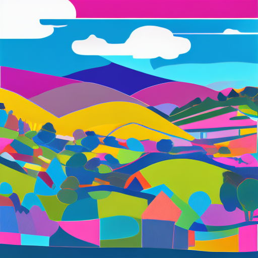 A vibrant, colorful landscape with distinct geometric shapes and clear outlines, featuring [a small village nestled in rolling hills, towering mountains in the background, and a winding river in the foreground. Stylized trees dot the scene, and puffy clouds float in a bright sky]. Use bold, saturated colors with minimal gradients.